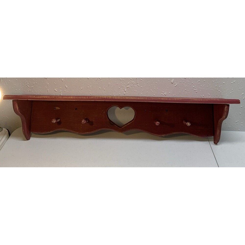 VTG Country Wooden Heart Wall Shelf Pegs Cottage Farmhouse Distressed 36x8x7.5 - Picture 10 of 10